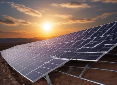 Close-up of solar panels angled toward the sun with a clear blue sky background.