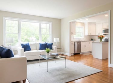 Spotless and sanitized living room and kitchen in a Cumberland home, representing professional resid