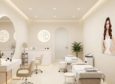 A serene, softly lit salon interior featuring blush pink and gold accents with a welcoming styling station.