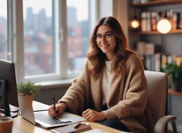 A friendly consultant assisting a client with paperwork in a cozy office.
