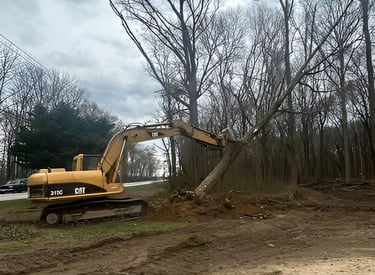 Yellow Cat excavator clearing land by pushing over a large tree during a construction project.