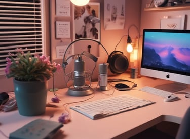 A cozy workspace with headphones, a microphone, and soft lighting reflecting the intimate audio creation process.