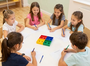 A small group of children working with a teacher in a bright, welcoming classroom.