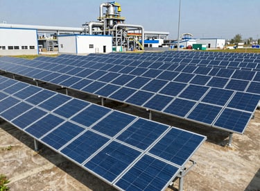 Rooftop solar panels gleaming under a bright blue sky.