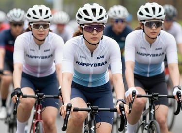 A cyclist wearing happybras gear rides through a lively urban street with colorful murals.