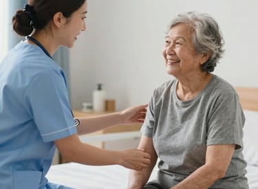 Nurse attentively assisting an elderly resident in a cozy room.
