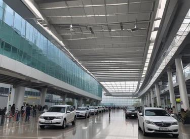 A comfortable car waiting outside an airport terminal with a driver holding a welcome sign