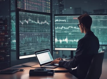 A focused trader analyzing real-time market data on multiple screens in a sleek, modern workspace.