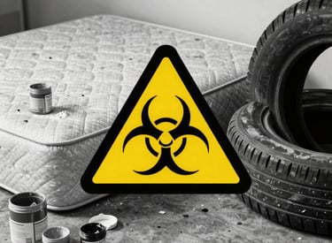 A colorful pile of everyday items including clothes, toys, yard waste, and construction scraps.