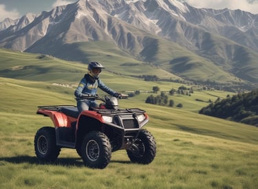 A rugged quad bike kicking up dirt on a forest trail under a bright sky.