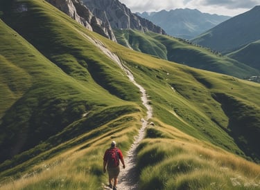 Hikers walking along a scenic mountain path with panoramic views.