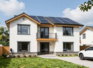 Solar panels installed on a modern corporate rooftop under a clear sky.