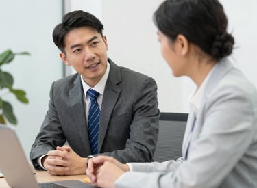 A one-on-one consultation between a career coach and a professional in a minimalistic setting.