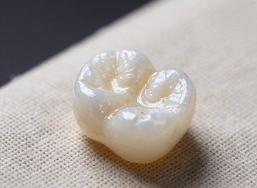 Close-up of a high-quality white zirconia dental crown resting on a natural linen cloth, soft morning light, professional medical photography style.