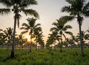 Wide-angle photography of a lush palm oil plantation in a Southeast Asian / Indonesian landscape during sunrise, rows of vibrant green palm trees under a golden sky, professional and serene composition.