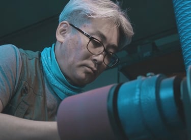 Un artesano fabrica con dedicación unas tijeras profesionales de peluquería en su taller.