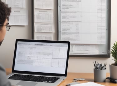 Professional African American woman reviewing financial spreadsheets at a modern desk with dual monitors.