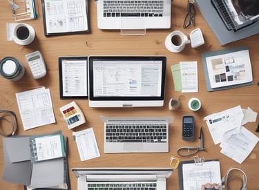 Confident businesswoman working efficiently in an office surrounded by filing systems and warm lighting.
