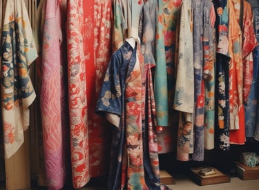 A cozy artisan workshop with colorful Japanese kimono fabrics and handcrafted lampshades displayed.