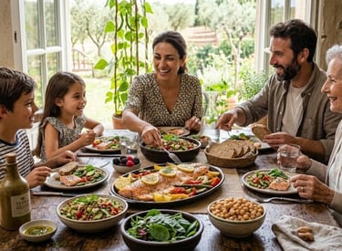 Family enjoying a healthy meal in the Mediterranean style, featuring fresh vegetables, fish, olive o