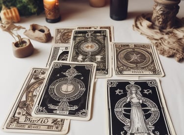 A cozy consultation setup with tarot cards, crystals, and a notebook ready for a reading.