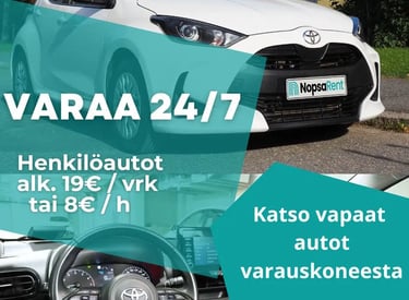 Henkilöautot alkaen 8€/h, 19€/pv Helppo varaus ja avaimeton käyttö puhelimella.