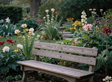 A quiet and serene North American prayer garden with a wooden bench under the soft light of dawn, surrounded by muted green plants and blooming flowers.