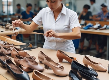 Close-up of a vibrant blue dance shoe on a wooden floor, capturing its quality craftsmanship.