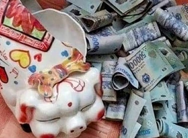 A broken ceramic piggy bank tipped on its side with Vietnamese dong banknotes spilling out across a 