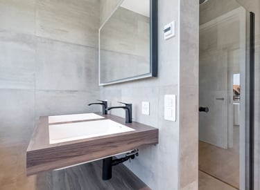 modern natural bathroom with walk-in shower, stone walls and wood vanity