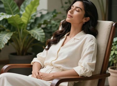 A Latin American woman resting in a comfortable chair in a sunlit garden, surrounded by lush green plants, eyes closed in a state of peaceful reflection, soft focus, sophisticated and approachable style, palette of cream and deep mahogany.