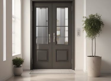 A concierge warmly greeting guests at the entrance of a stylish rental apartment.