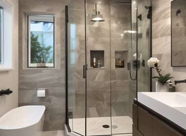 A beautifully remodeled bathroom featuring crushed stone shower surrounds.