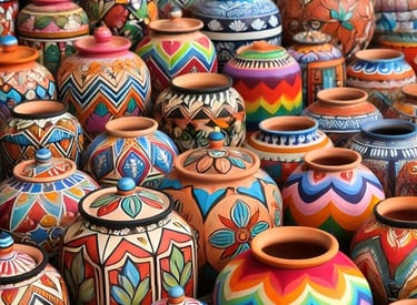 Collection of hand-painted ColombiaTalavera pottery jars with vibrant geometric and floral patterns.