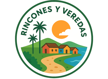 Circular logo for Rincones y Veredas featuring a coastal village with tropical palm trees and a sunset.
