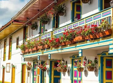 Colorful colonial architecture with flower balconies in Salento, Colombia.