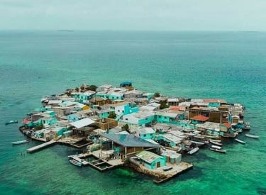 Aerial view of Santa Cruz del Islote, a densely populated artificial island in the Caribbean Sea.