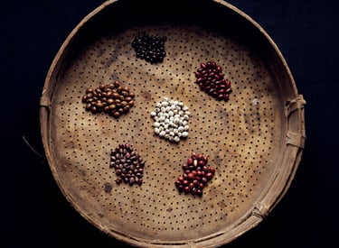 Variety of heirloom dried beans and pulses arranged in a vintage wooden sifter tray over a dark background.
