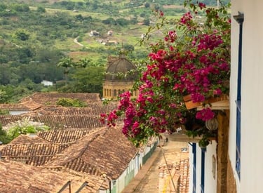 Scenic view of a cobblestone street in Barichara, Colombia, with red tiled roofs and blooming bougainvillea flowers.