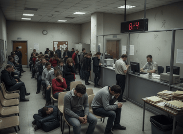 government office lobby with people waiting that look miserable