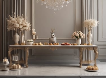 Professional catering staff serving guests at a luxurious event with golden decor.