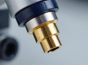 Macro close-up of a high-precision laboratory instrument interface, cool dark-field microscopy illumination, gold accents on metallic surfaces, sharp focus
