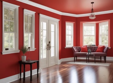 Painter in navy uniform carefully rolling paint on a bright living room wall.