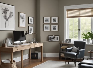 A professional painter in navy uniform carefully applying a fresh coat of white paint to a modern living room wall.