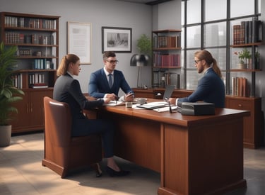 A lawyer consulting with a family in a bright office.