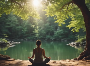 A serene person meditating outdoors at sunrise with soft glowing light.