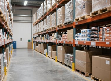 A large warehouse floor spotless and organized, glowing with a hint of fuchsia light.