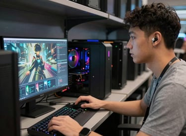 Image of a person happily handing over a used computer to a buyer at a friendly shop.