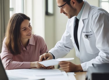 A friendly notary assisting a client with mortgage papers in a bright room.
