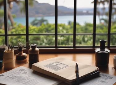 A notary public stamping documents in a cozy office setting on Oahu.